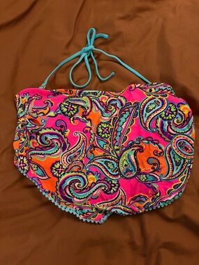 Arizona Jean Company Pink Orange Paisley Halter Swim Top with Teal Ties